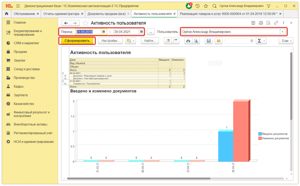 Как узнать, какие документы создавал или менял пользователь в 1С:КА и 1С:ERP